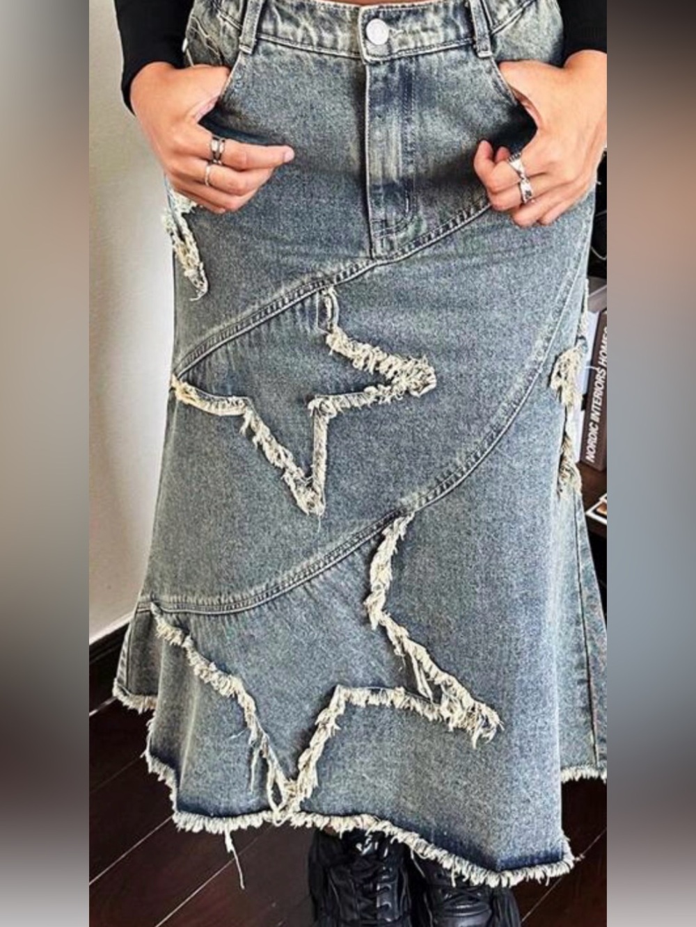 ROMWE Distressed Star Patchwork Denim Long Maxi Jean Skirt Flare Boho Small‎